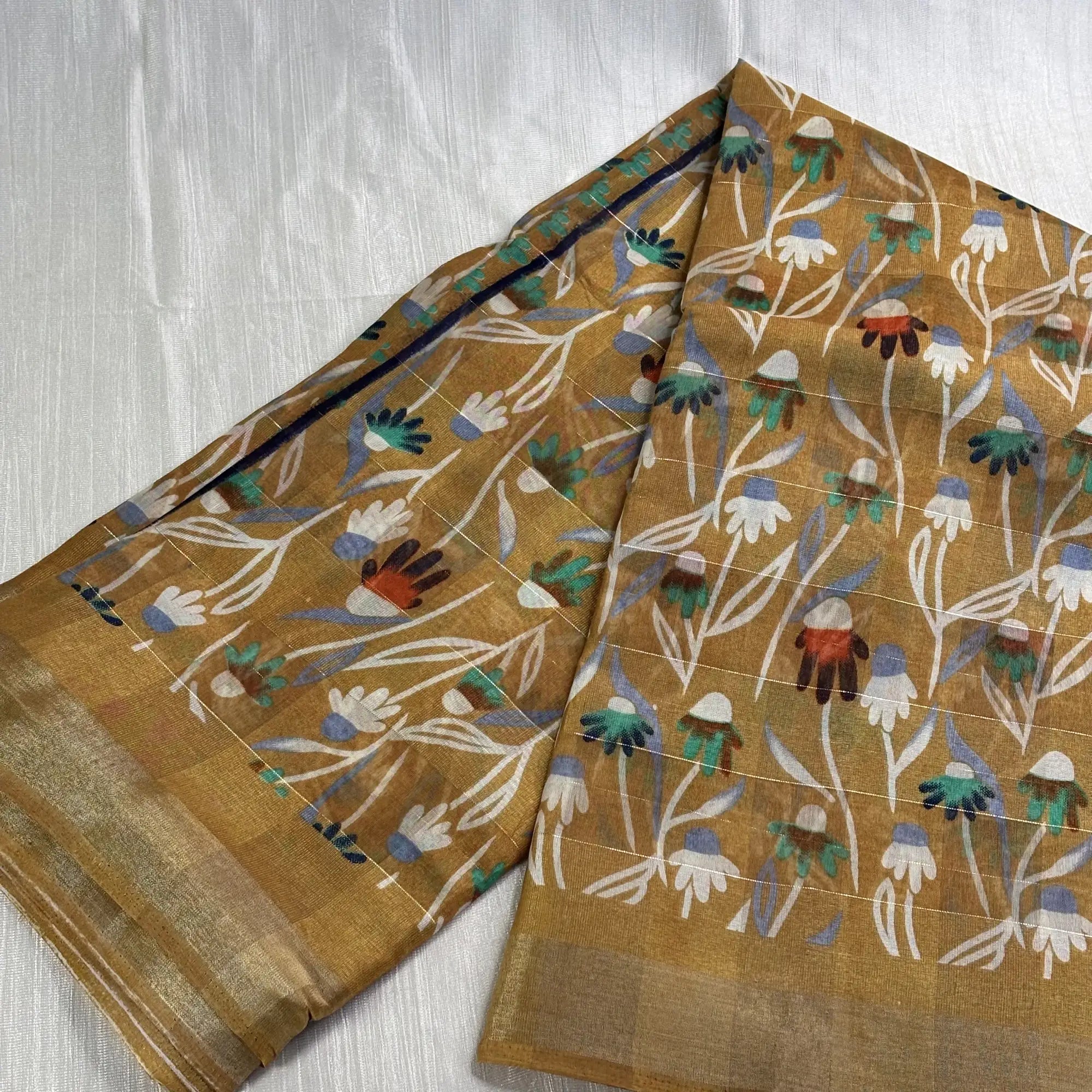 Kankavati Bloom in Mustard Gold – Digital Print Matka Silk Saree | L1-002