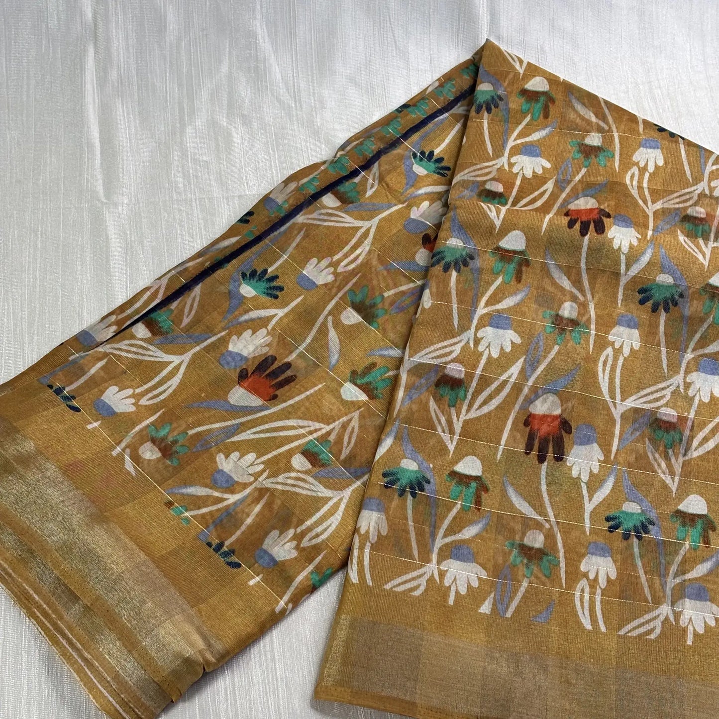 Kankavati Bloom in Mustard Gold – Digital Print Matka Silk Saree | L1-002