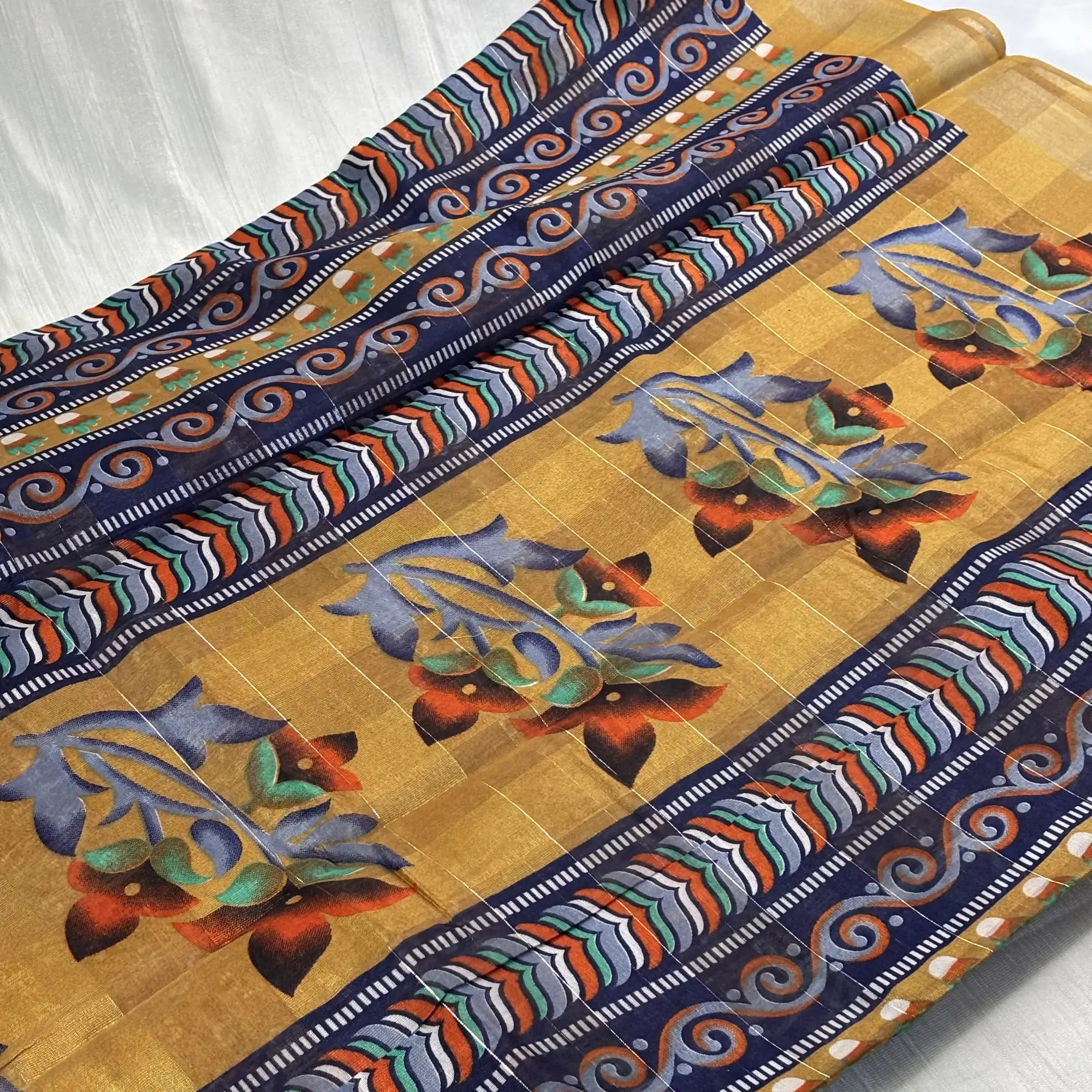 Kankavati Bloom in Mustard Gold – Digital Print Matka Silk Saree | L1-002