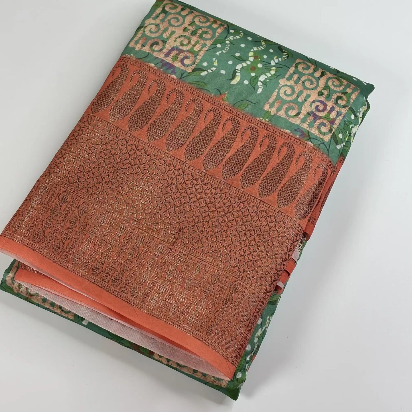 Chitt Harmony in Coral Green & Teal – Soft Tussar Silk Saree | L0-001