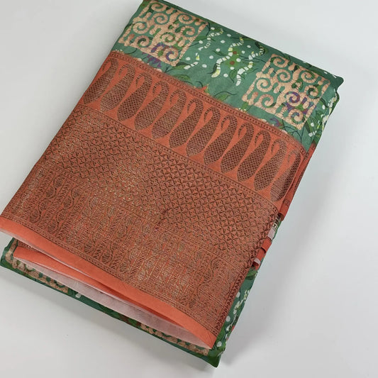 Chitt Harmony in Coral Green & Teal – Soft Tussar Silk Saree | L0-001