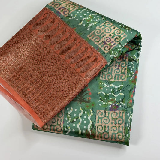 Chitt Harmony in Coral Green & Teal – Soft Tussar Silk Saree | L0-001