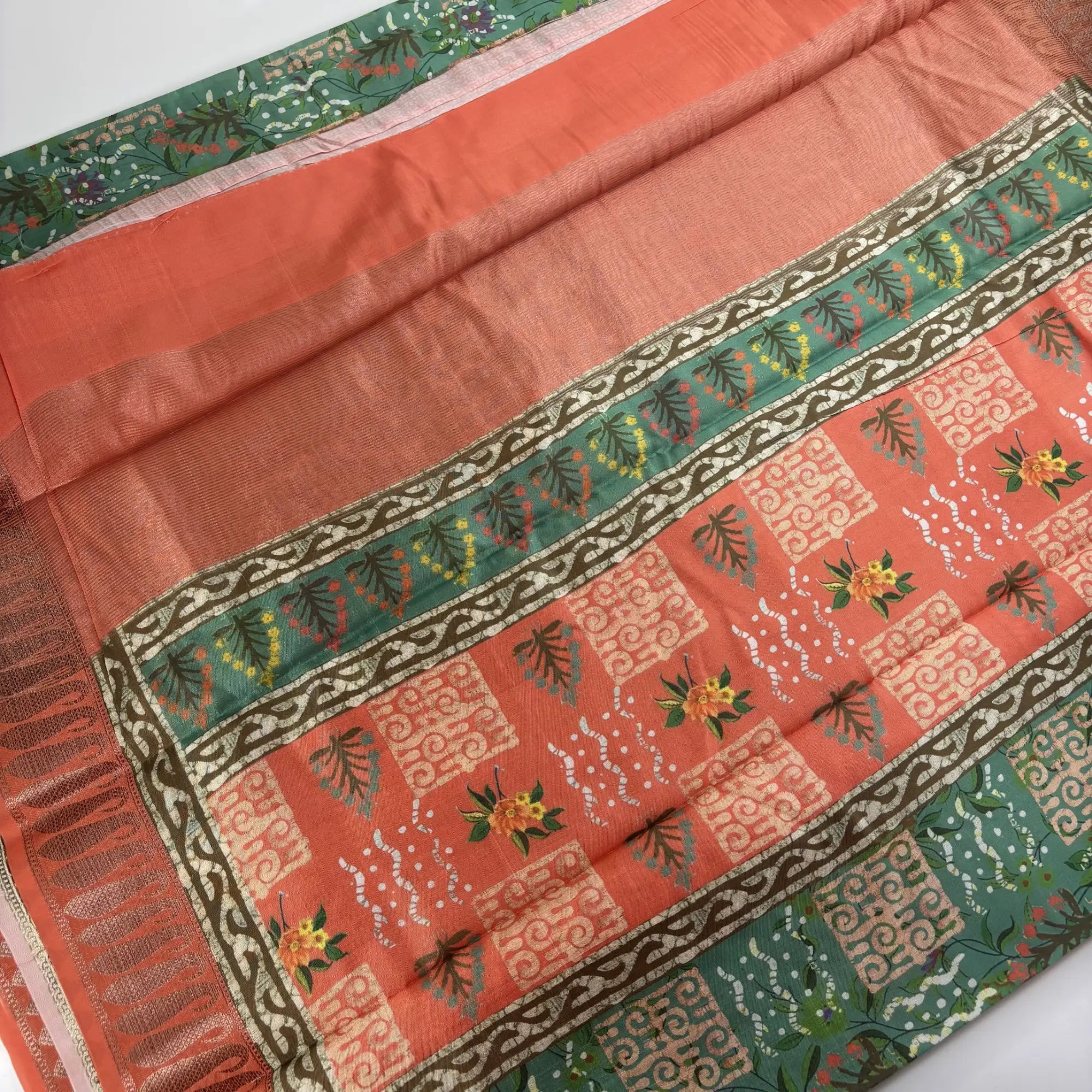 Chitt Harmony in Coral Green & Teal – Soft Tussar Silk Saree | L0-001