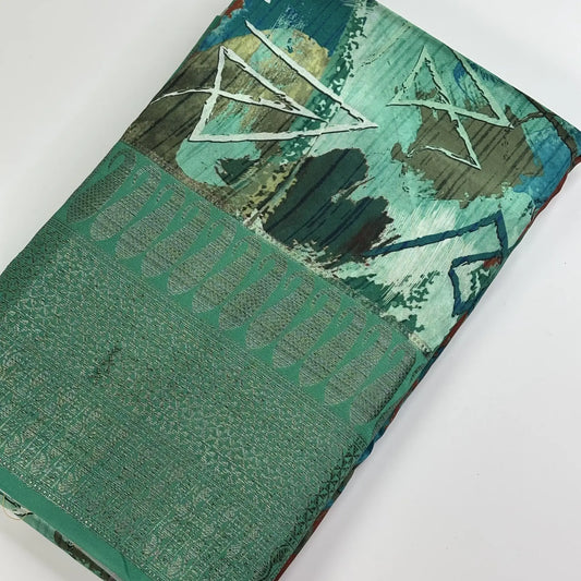 Verdant Echo in Dark Teal Green Grove – Soft Tussar Digital Print Saree | L0-002