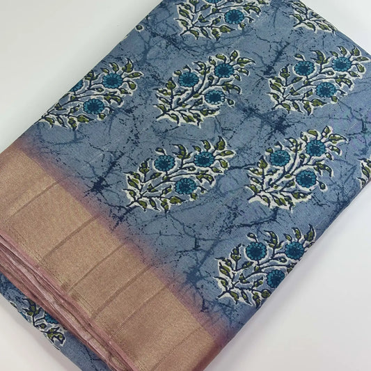 Blue Pastel Bloom – Matka Silk Saree with Digital Print | K2-002