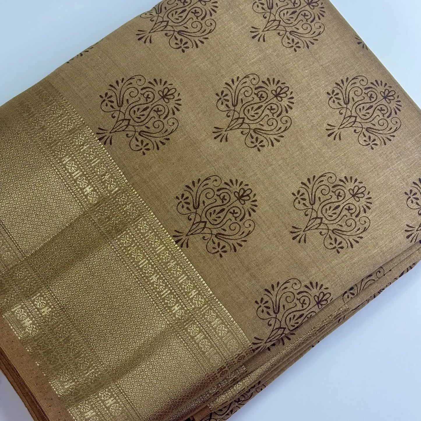 Earthy Charm – Soft Tussar Silk Saree with Block Print and Golden Border | L2-001