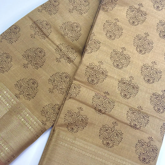 Earthy Charm – Soft Tussar Silk Saree with Block Print and Golden Border | L2-001