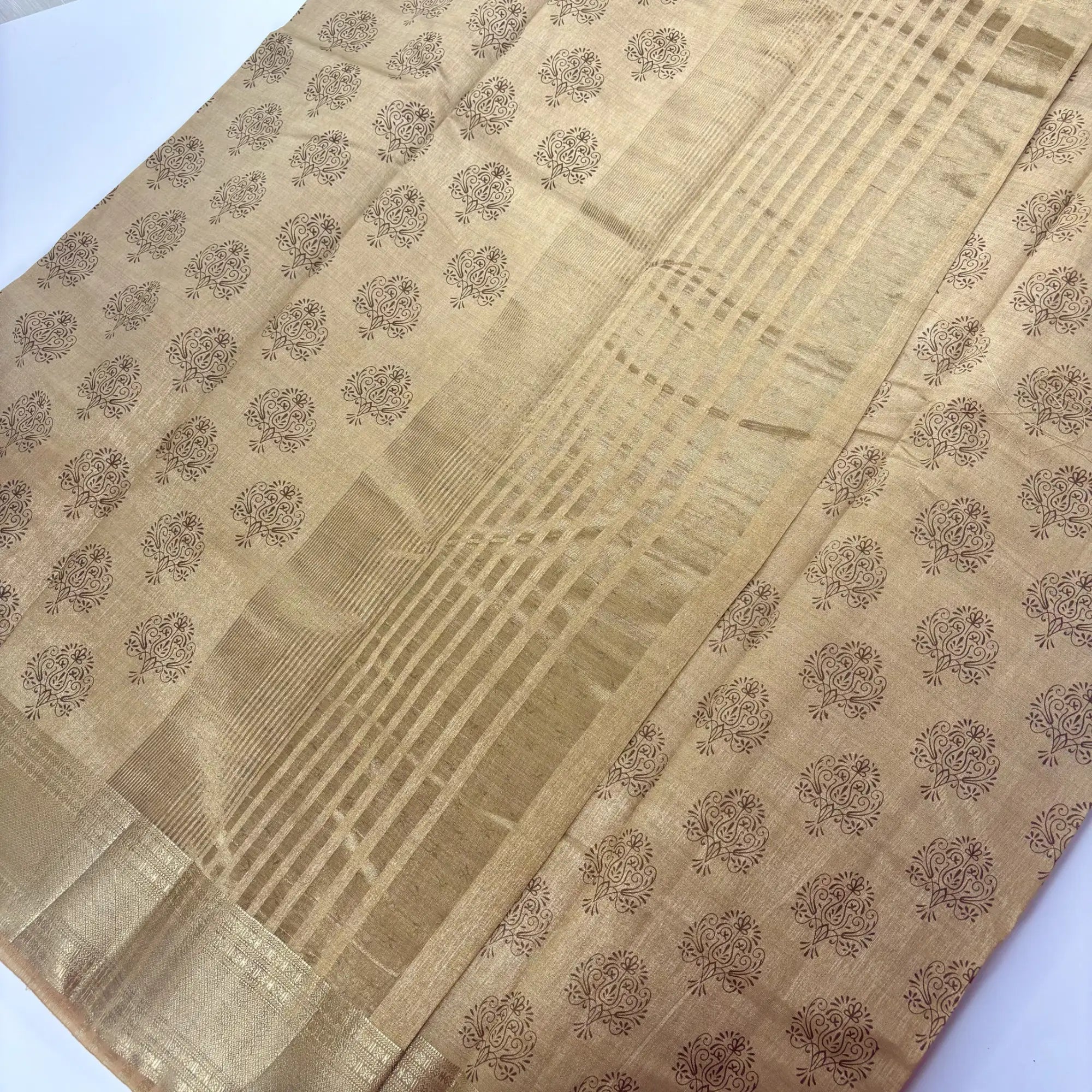 Earthy Charm – Soft Tussar Silk Saree with Block Print and Golden Border | L2-001