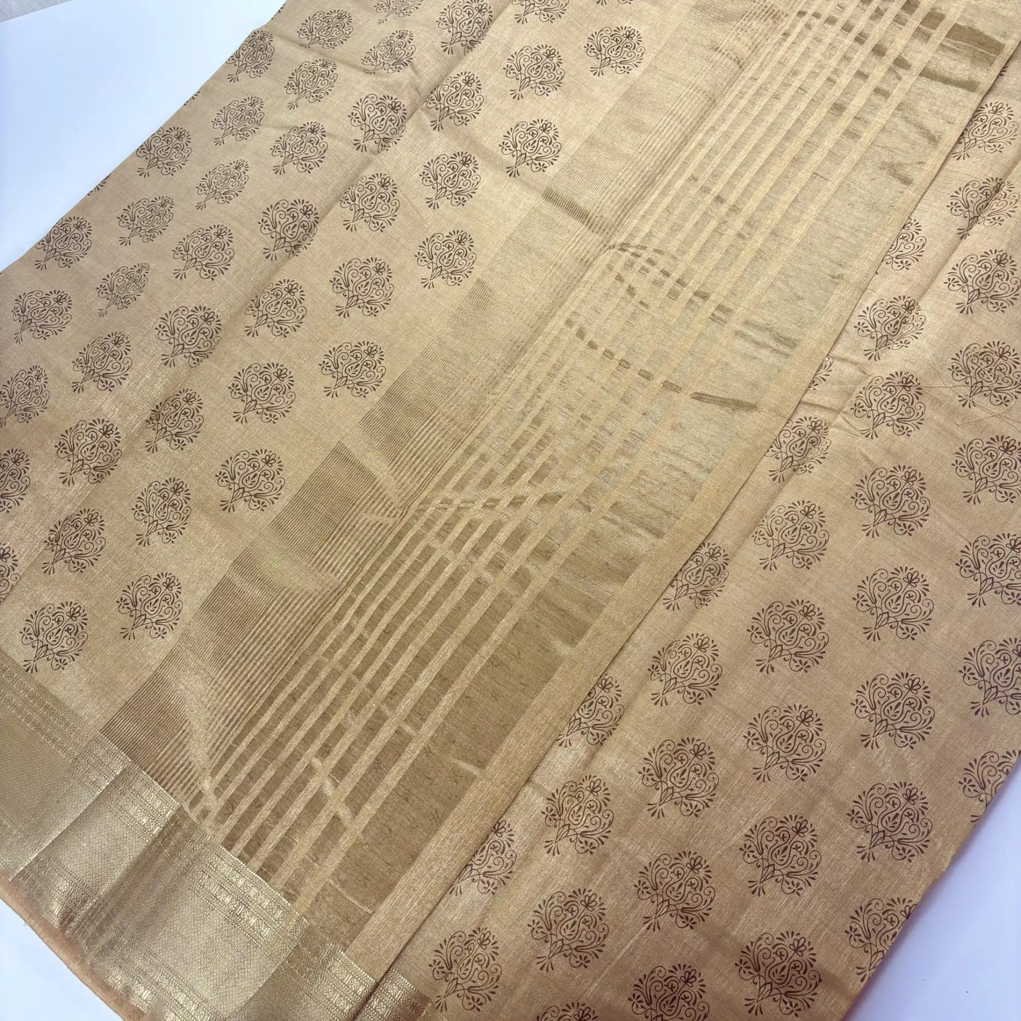 Earthy Charm – Soft Tussar Silk Saree with Block Print and Golden Border | L2-001