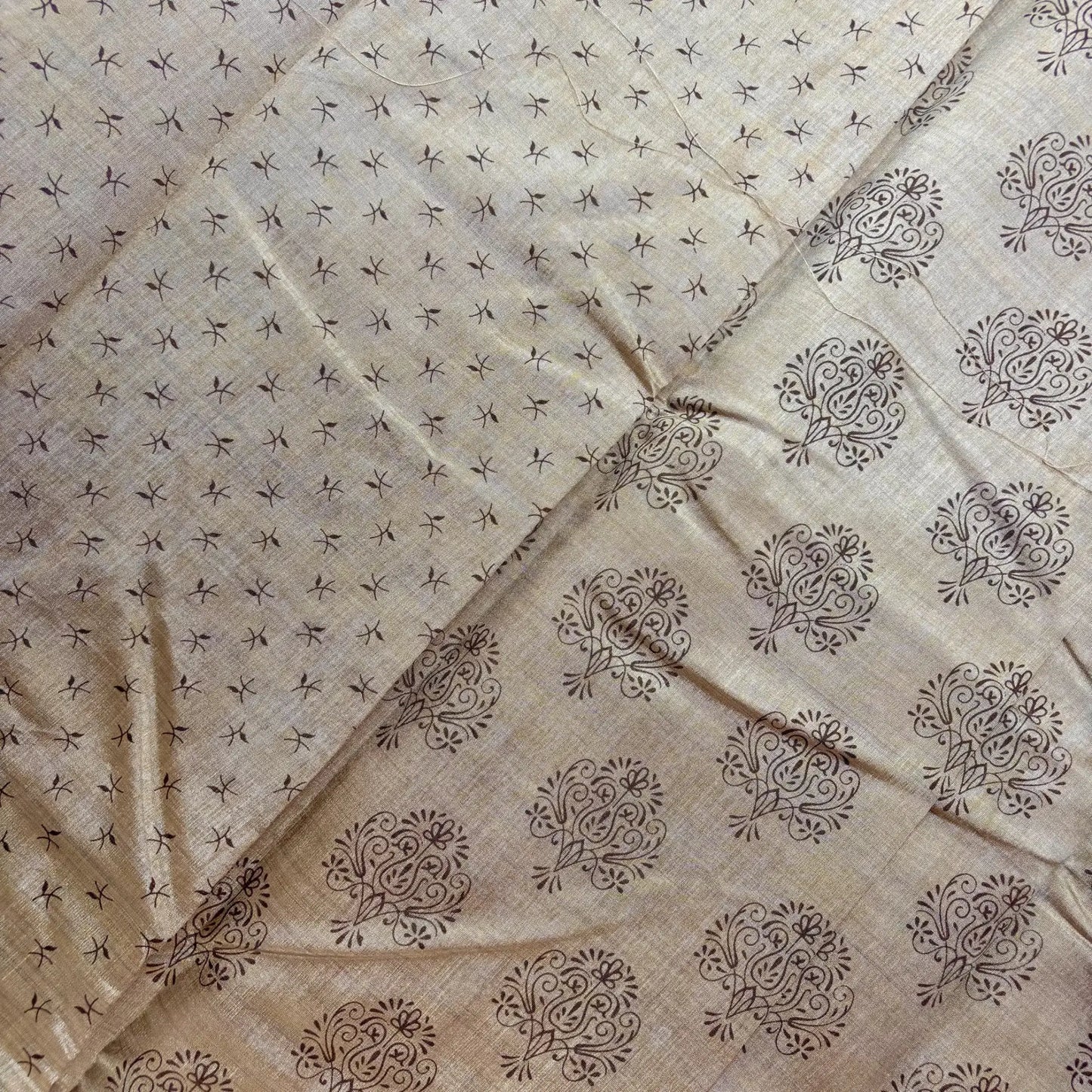 Earthy Charm – Soft Tussar Silk Saree with Block Print and Golden Border | L2-001