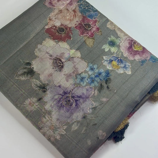 Tissue Silk Saree with Digital Floral and Ari Work (Dark Greyish Green) | K3-001