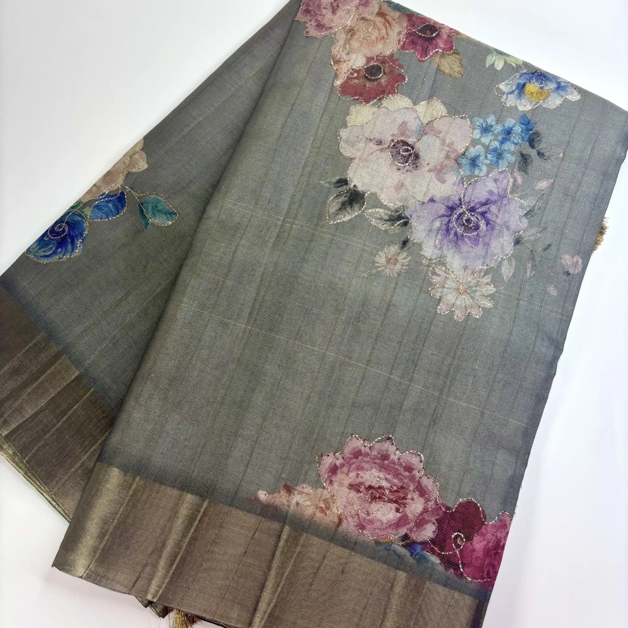 Tissue Silk Saree with Digital Floral and Ari Work (Dark Greyish Green) | K3-001