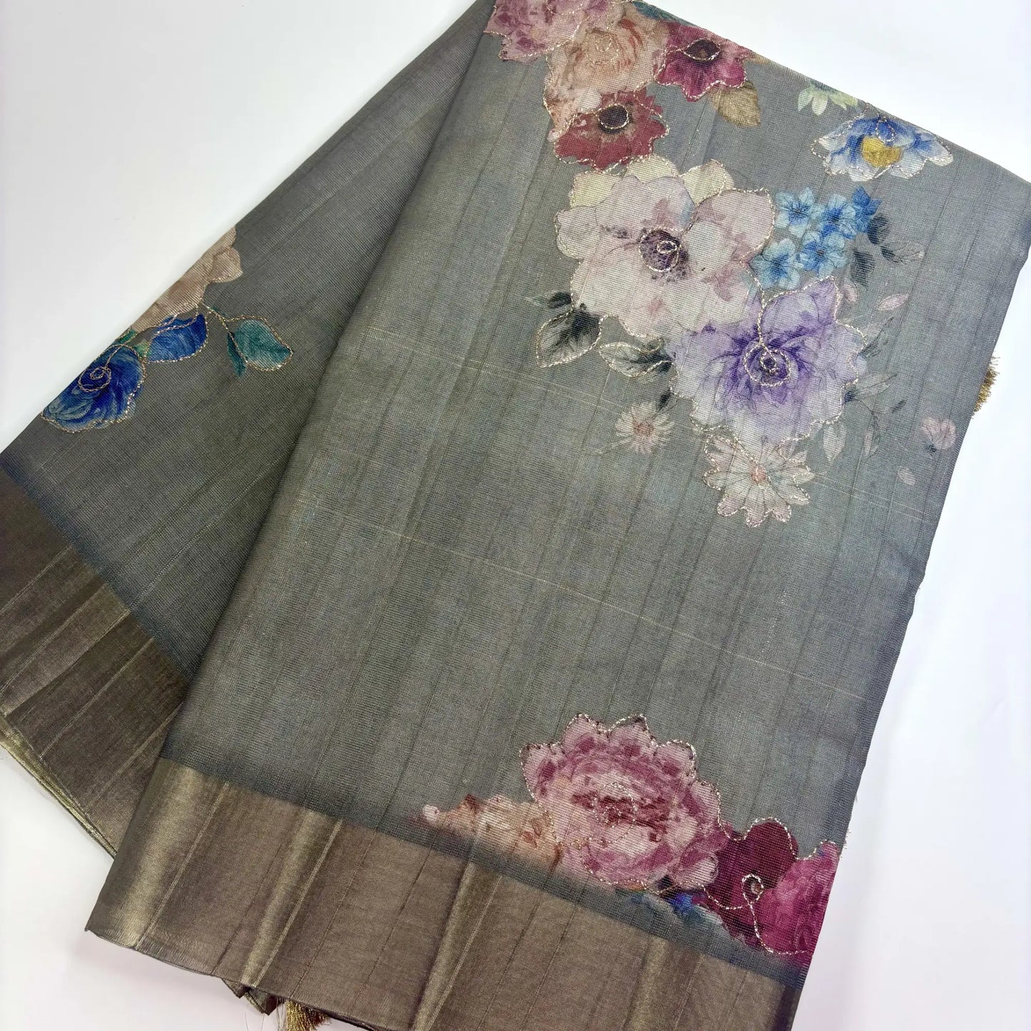 Tissue Silk Saree with Digital Floral and Ari Work (Dark Greyish Green) | K3-001