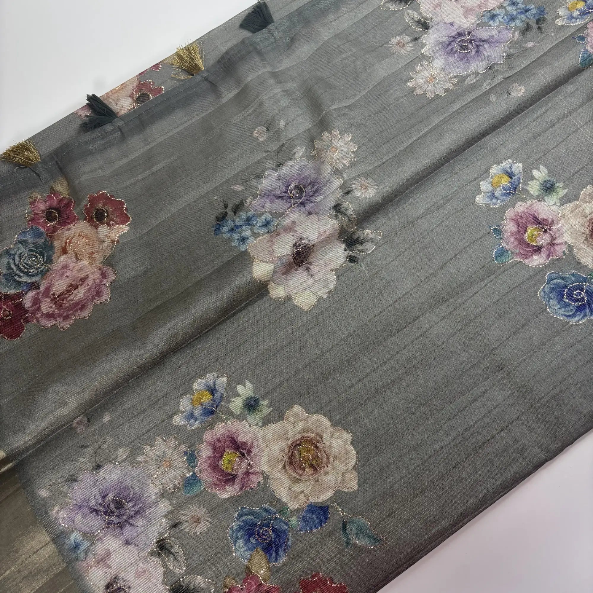 Tissue Silk Saree with Digital Floral and Ari Work (Dark Greyish Green) | K3-001