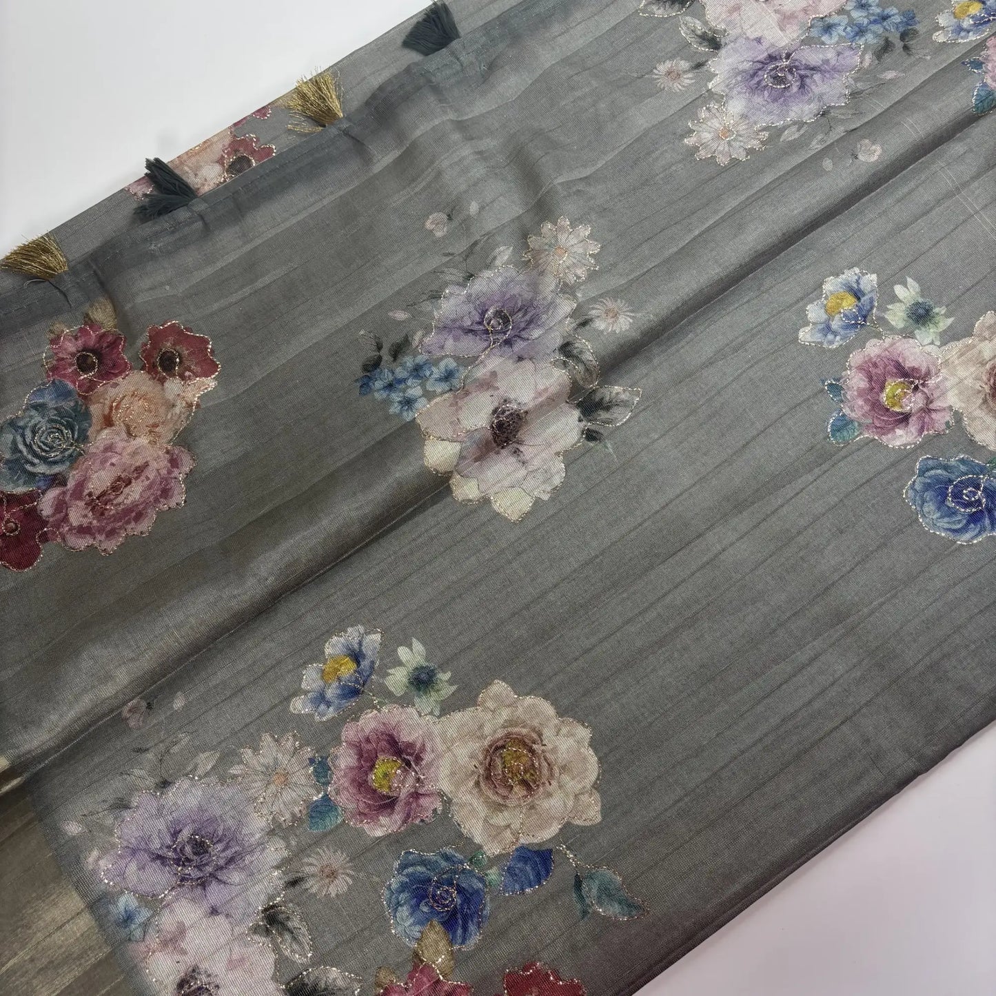 Tissue Silk Saree with Digital Floral and Ari Work (Dark Greyish Green) | K3-001