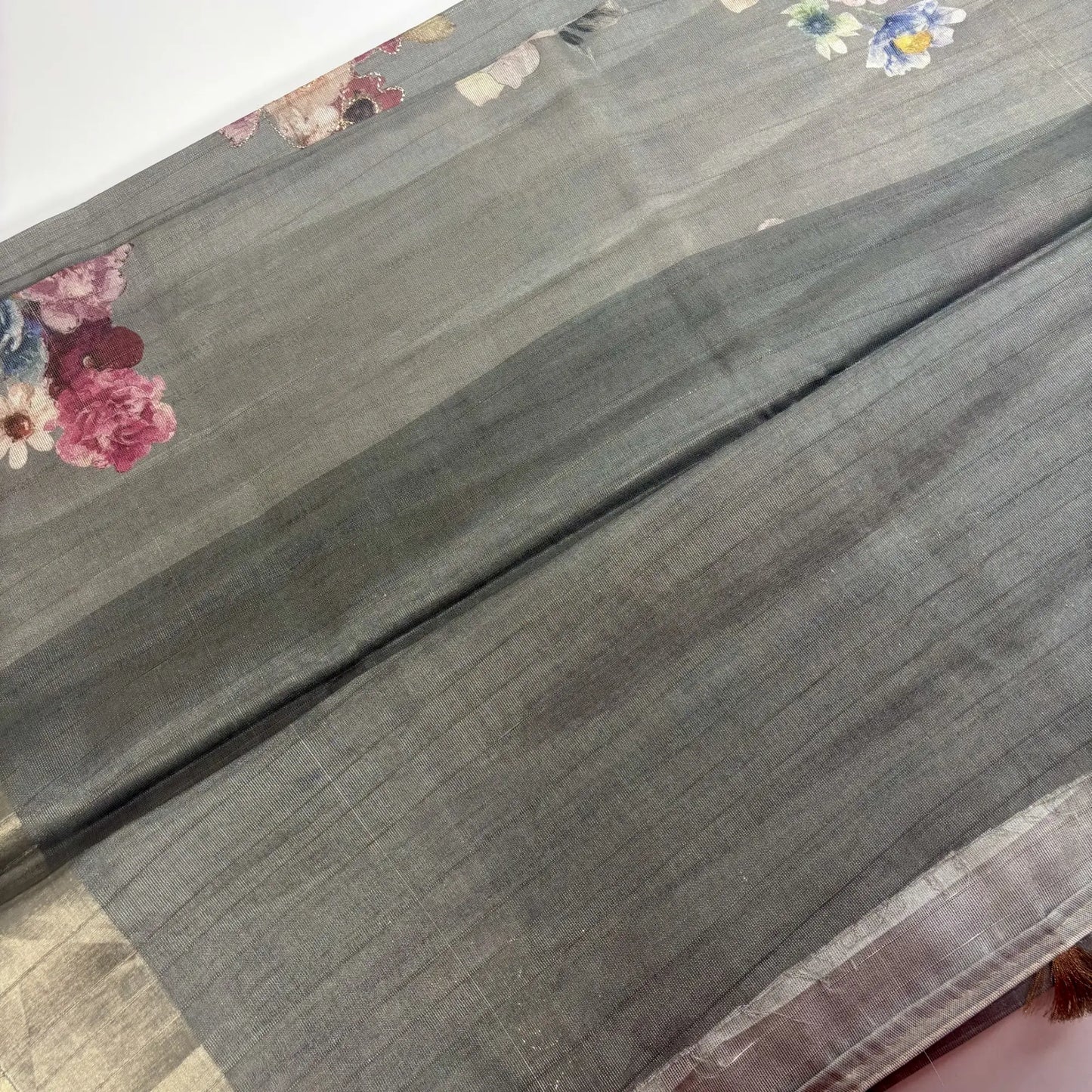 Tissue Silk Saree with Digital Floral and Ari Work (Dark Greyish Green) | K3-001