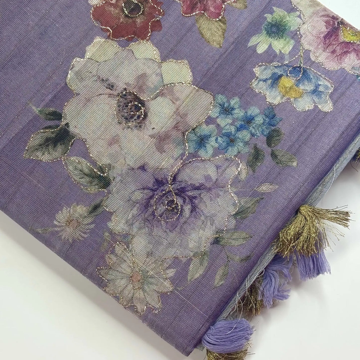 Tissue Silk Saree with Digital Floral and Ari Work (Dark Lavendar Green) | K3-002