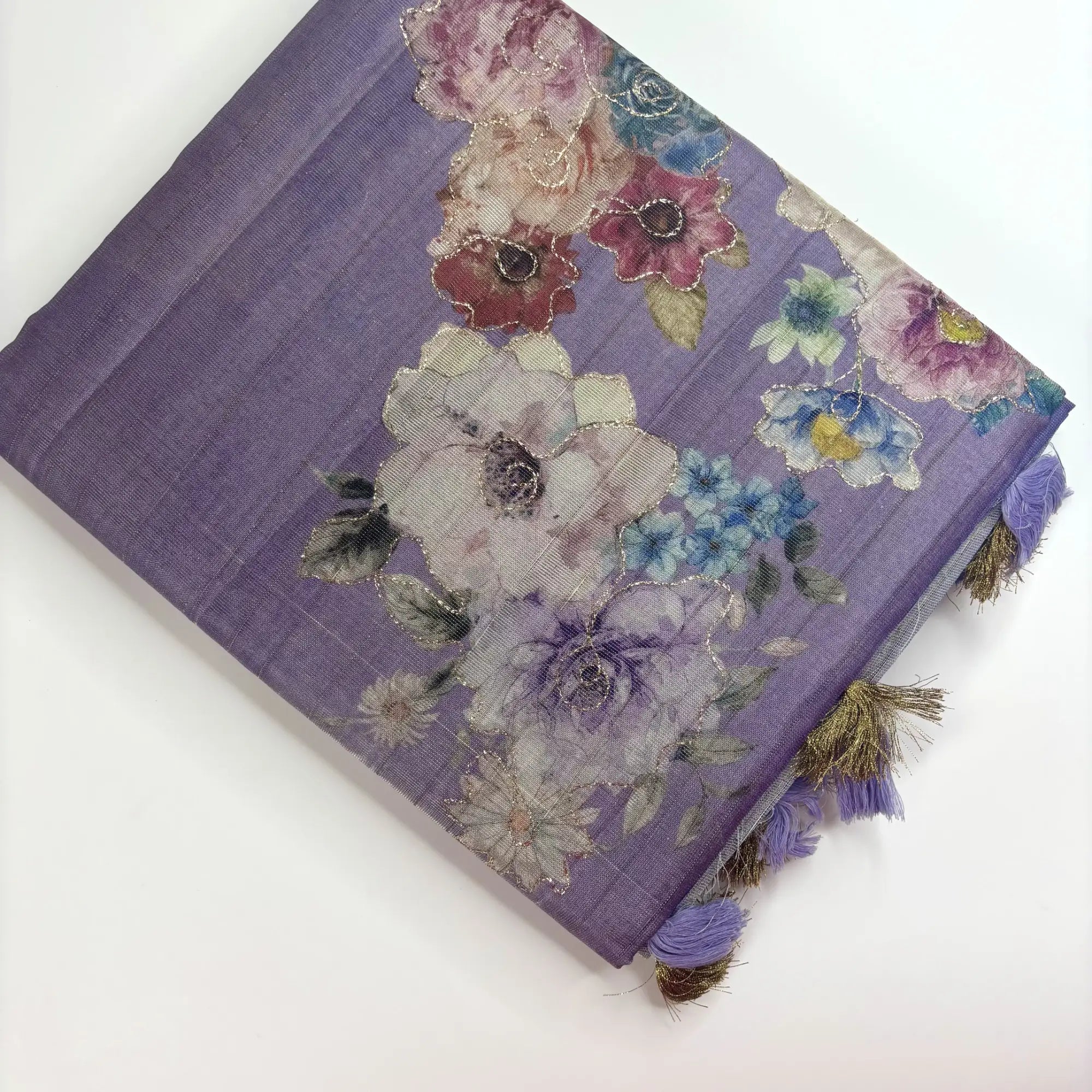 Tissue Silk Saree with Digital Floral and Ari Work (Dark Lavendar Green) | K3-002