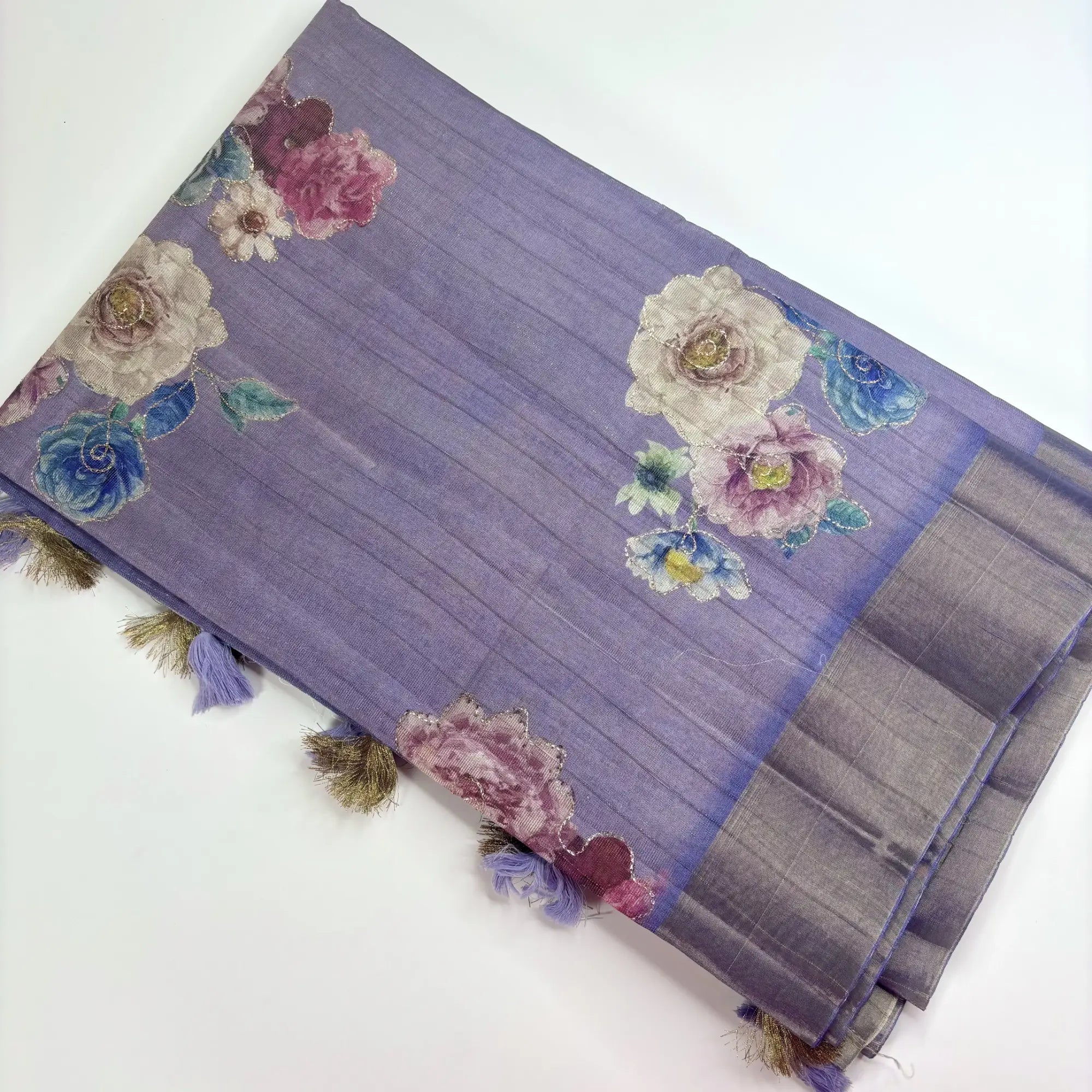 Tissue Silk Saree with Digital Floral and Ari Work (Dark Lavendar Green) | K3-002