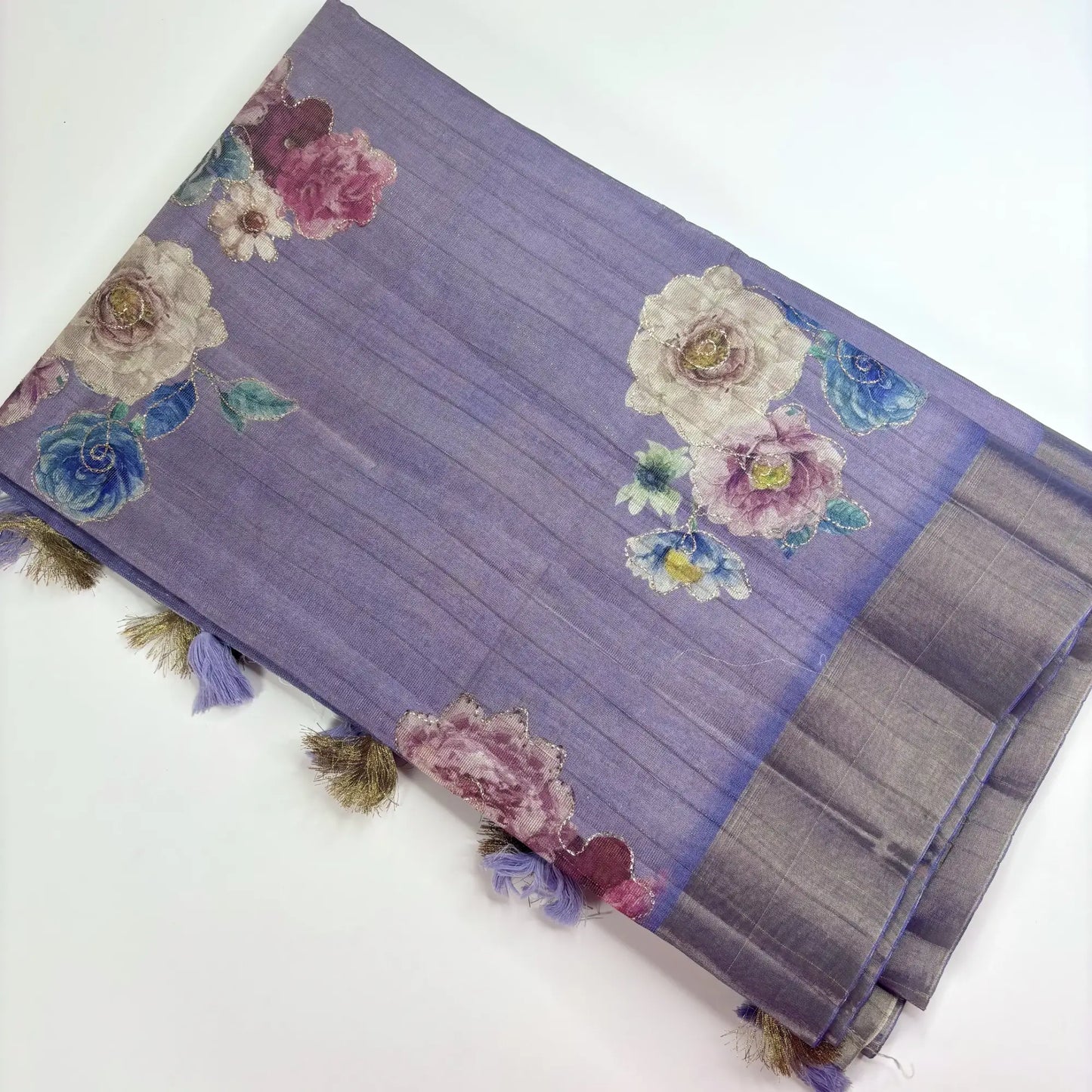Tissue Silk Saree with Digital Floral and Ari Work (Dark Lavendar Green) | K3-002