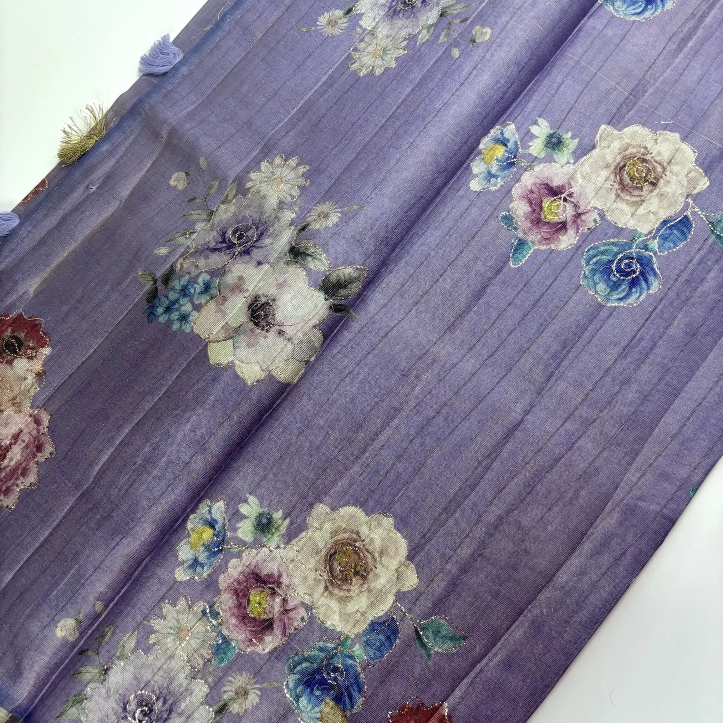 Tissue Silk Saree with Digital Floral and Ari Work (Dark Lavendar Green) | K3-002