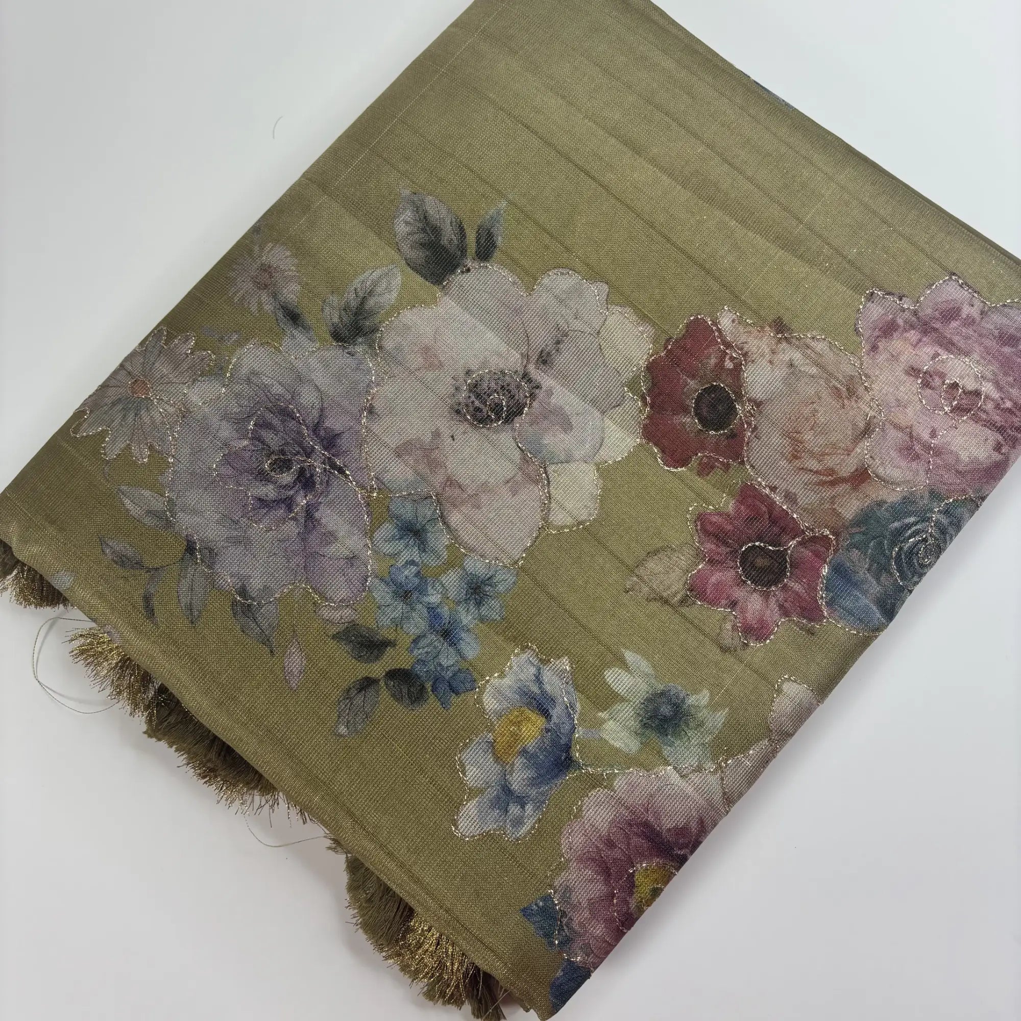 Tissue Silk Saree with Digital Floral and Ari Work (Light Olive Green) | K3-003