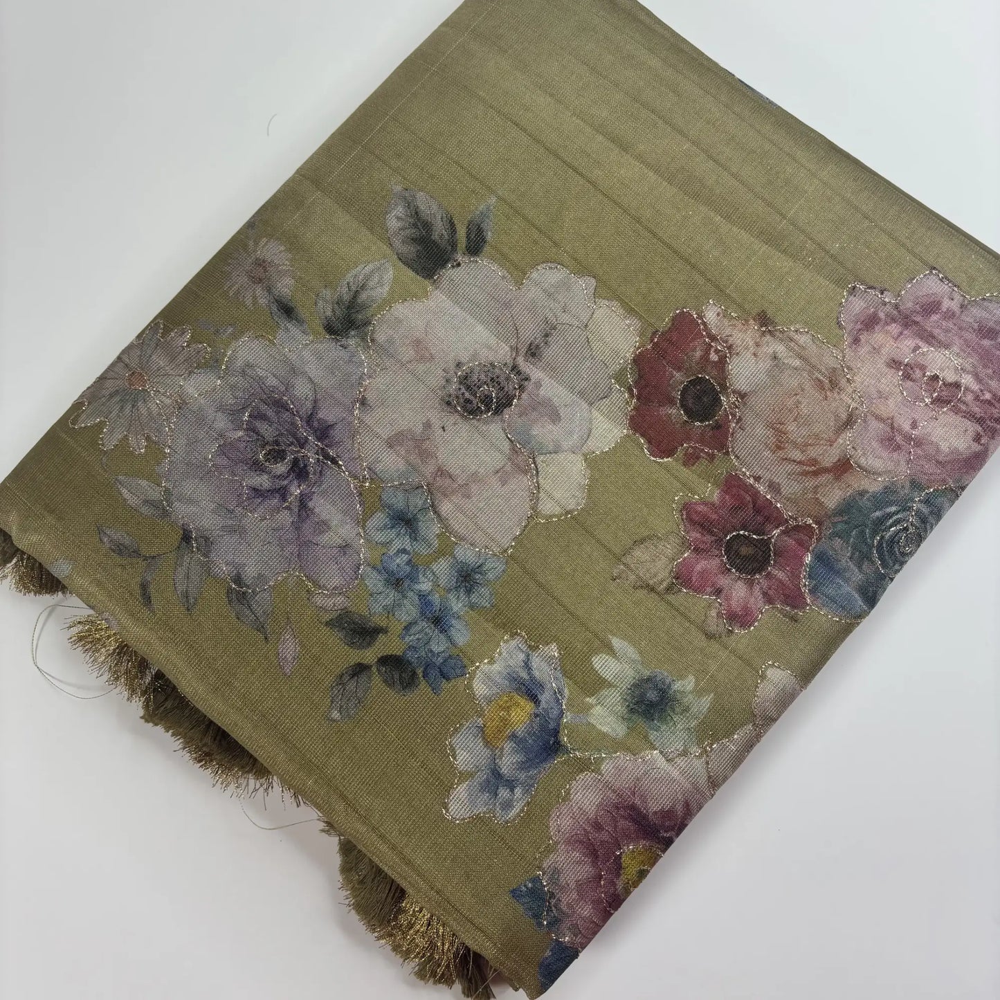 Tissue Silk Saree with Digital Floral and Ari Work (Light Olive Green) | K3-003