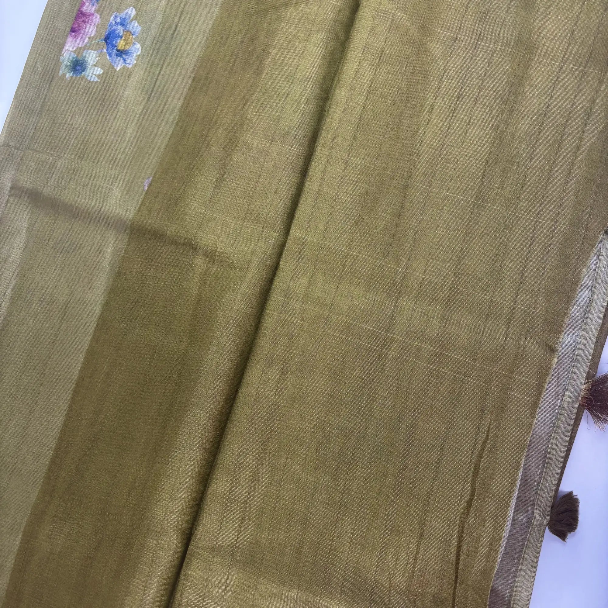 Tissue Silk Saree with Digital Floral and Ari Work (Light Olive Green) | K3-003