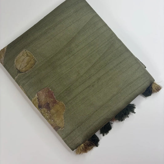 Tissue Silk Saree with Digital Floral and Ari Work (Dark Olive Green) | K3-004