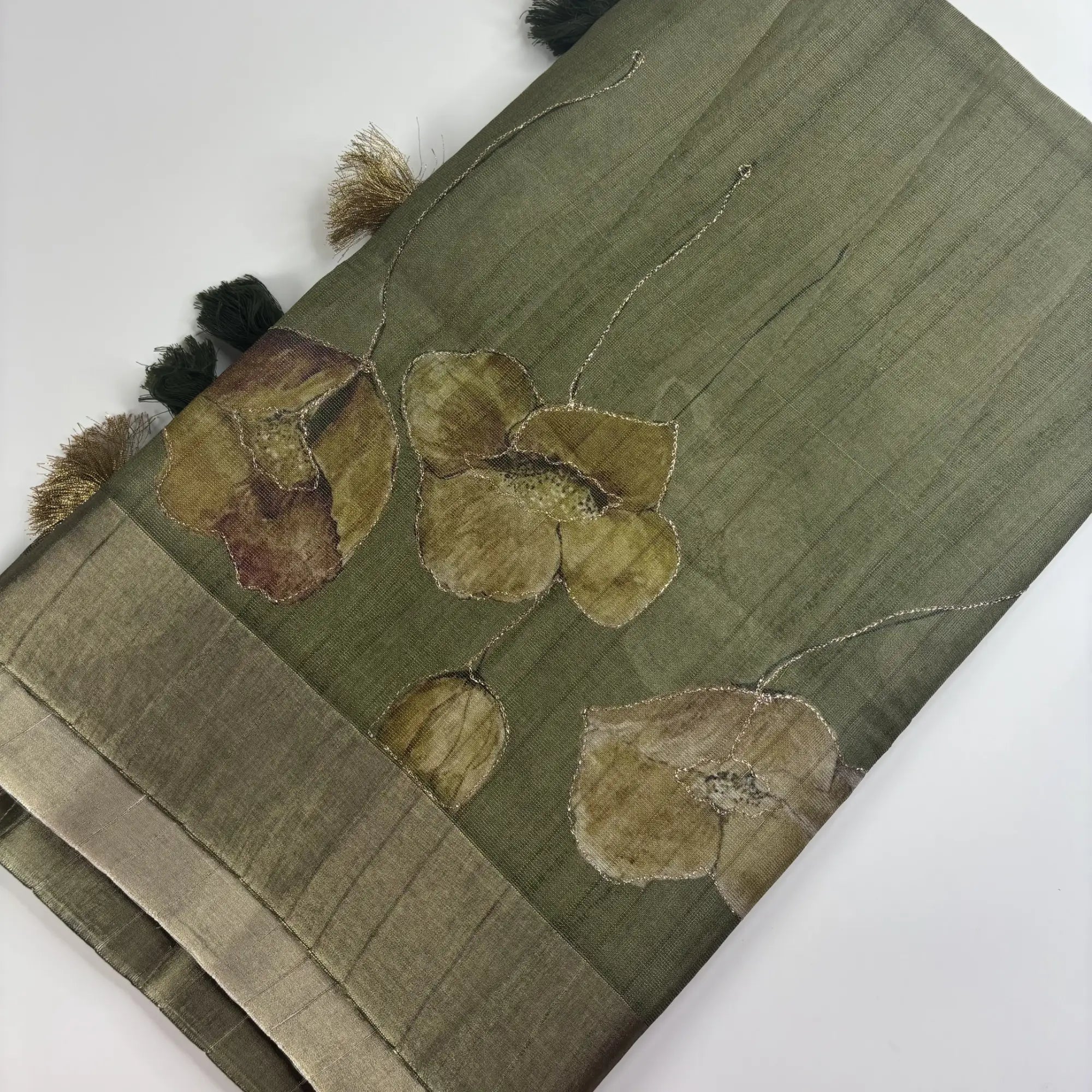 Tissue Silk Saree with Digital Floral and Ari Work (Dark Olive Green) | K3-004