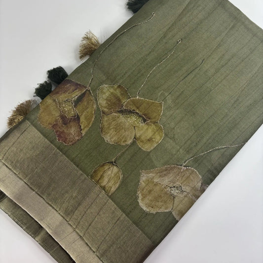 Tissue Silk Saree with Digital Floral and Ari Work (Dark Olive Green) | K3-004