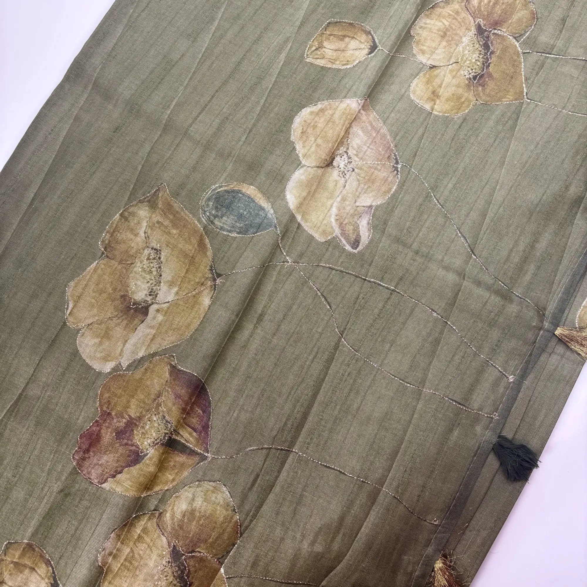Tissue Silk Saree with Digital Floral and Ari Work (Dark Olive Green) | K3-004