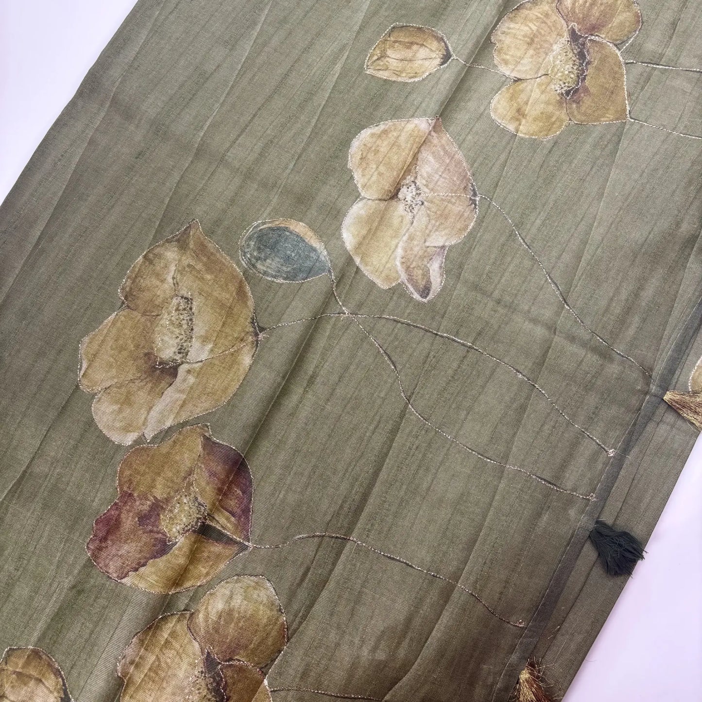 Tissue Silk Saree with Digital Floral and Ari Work (Dark Olive Green) | K3-004