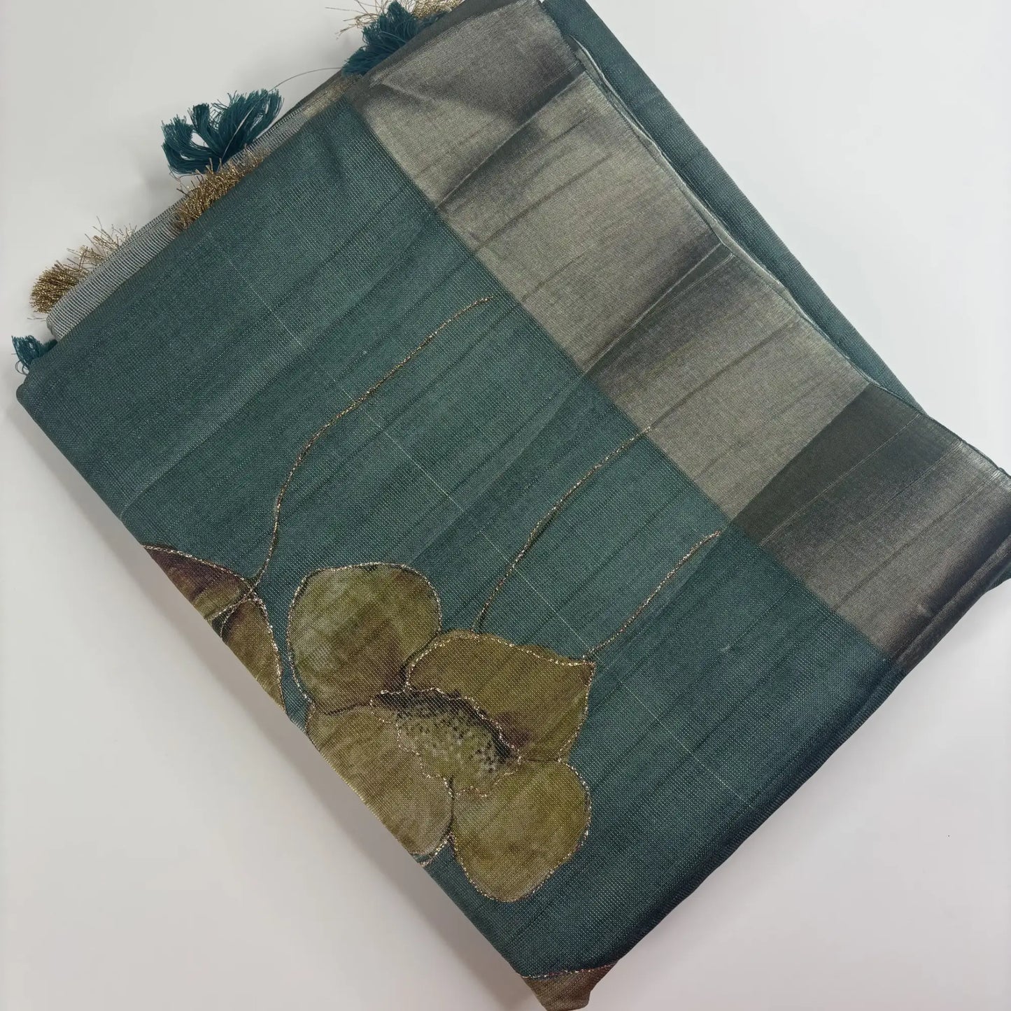 Tissue Silk Saree with Digital Floral and Ari Work (Dark Forest Green) | K3-005