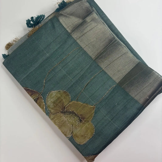 Tissue Silk Saree with Digital Floral and Ari Work (Dark Forest Green) | K3-005
