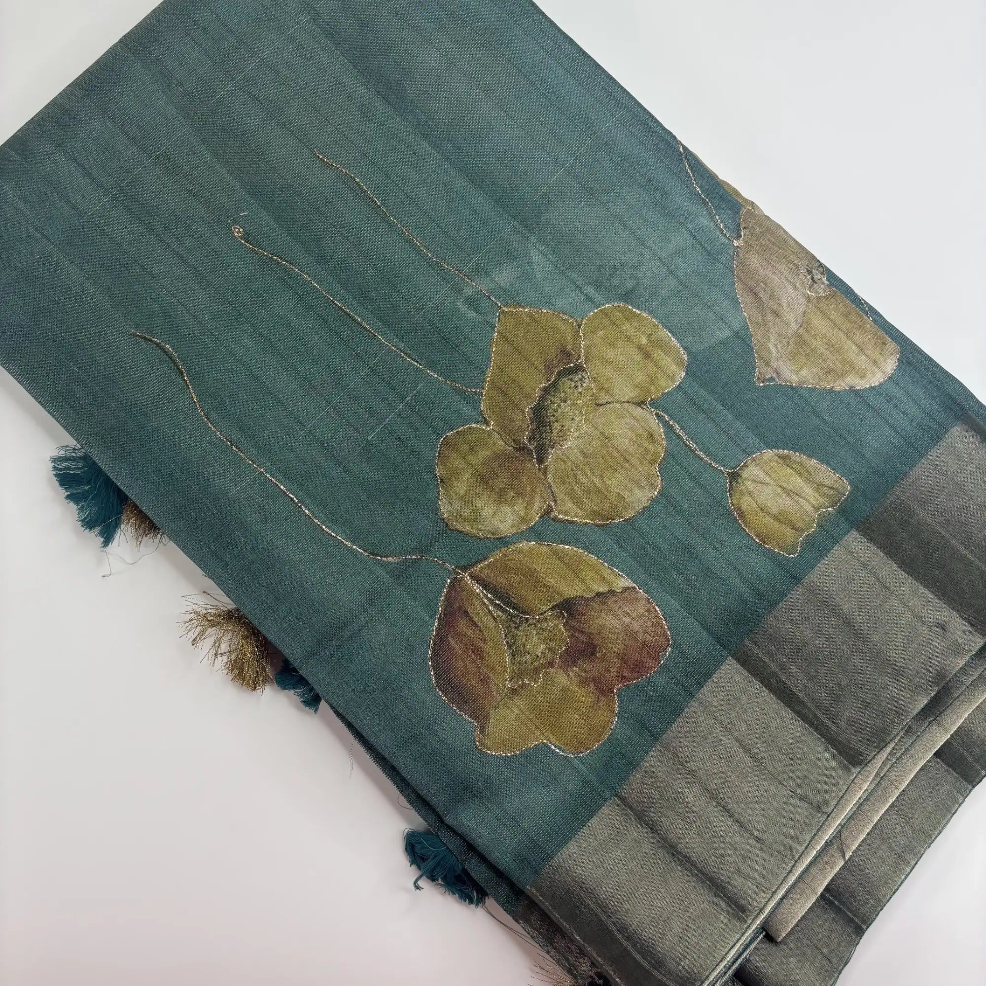Tissue Silk Saree with Digital Floral and Ari Work (Dark Forest Green) | K3-005