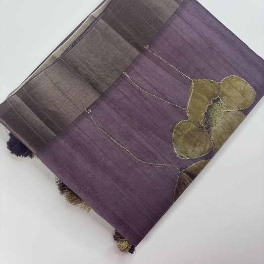 Tissue Silk Saree with Digital Floral and Ari Work (Onion Lavendar Green) | K3-006