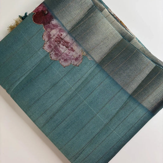 Tissue Silk Saree with Digital Floral and Ari Work (Light Forest Green) | K3-008