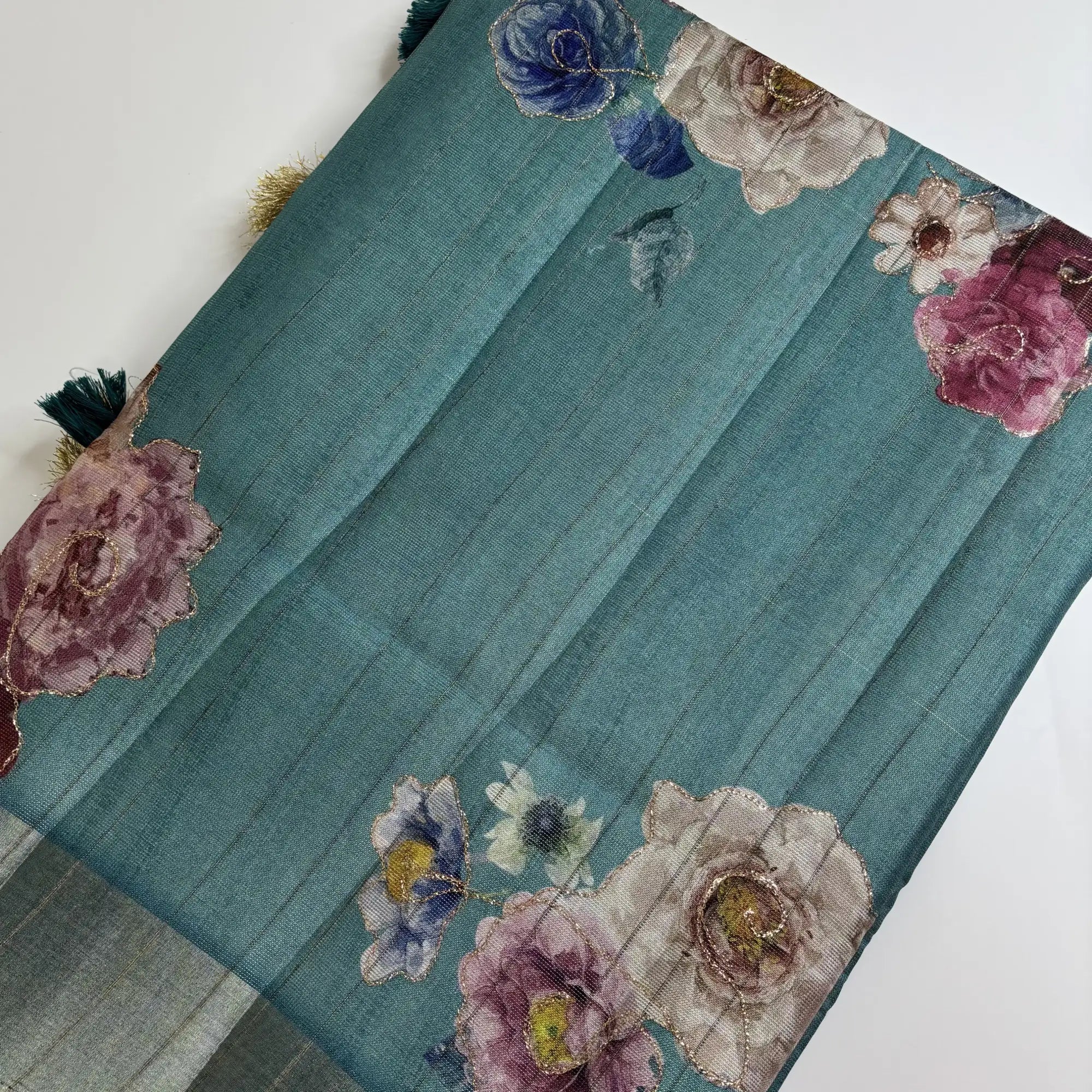 Tissue Silk Saree with Digital Floral and Ari Work (Light Forest Green) | K3-008