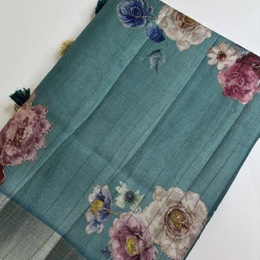Tissue Silk Saree with Digital Floral and Ari Work (Light Forest Green) | K3-008