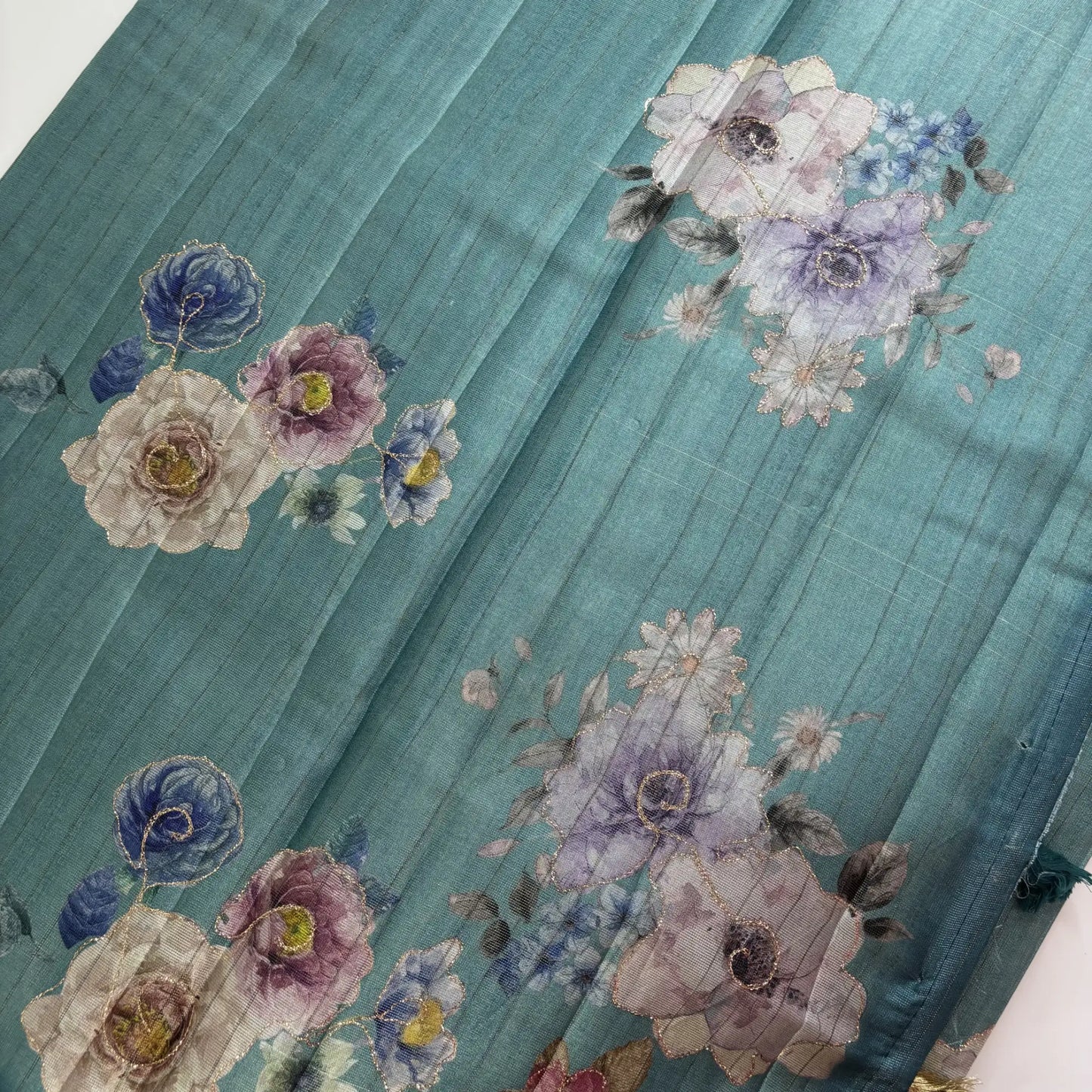 Tissue Silk Saree with Digital Floral and Ari Work (Light Forest Green) | K3-008