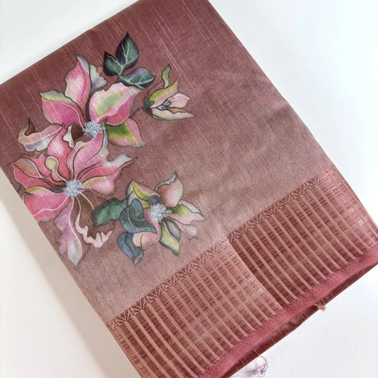 Dusty Rose – Dupian Silk Saree with Floral Print and Jari Border | L3-001