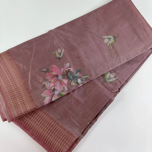 Dusty Rose – Dupian Silk Saree with Floral Print and Jari Border | L3-001
