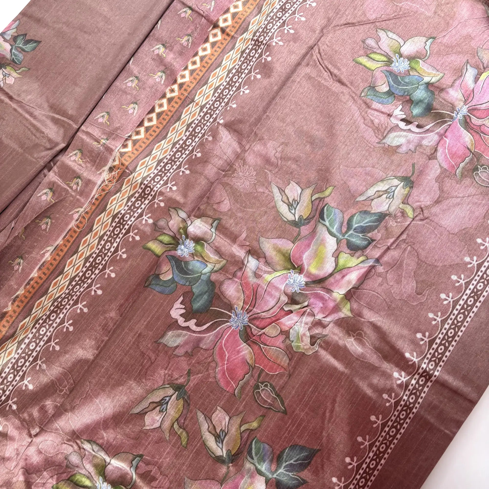Dusty Rose – Dupian Silk Saree with Floral Print and Jari Border | L3-001