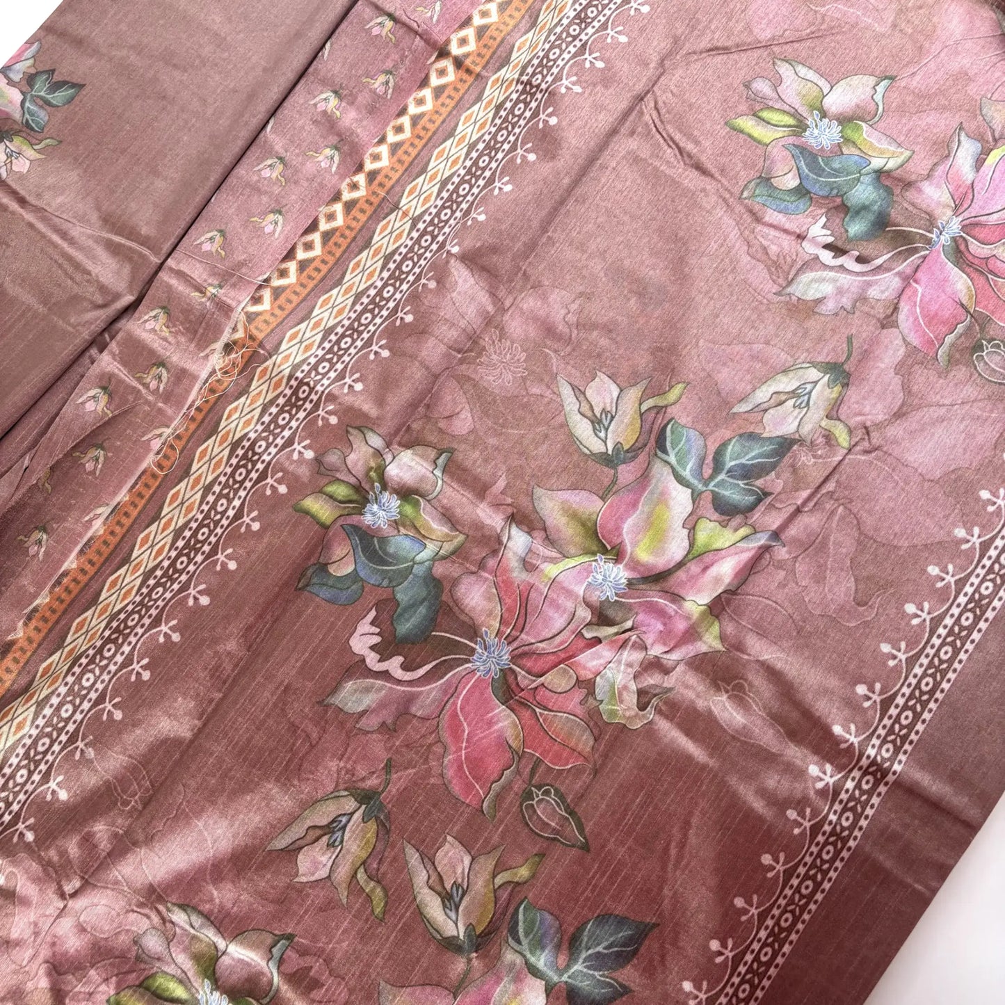 Dusty Rose – Dupian Silk Saree with Floral Print and Jari Border | L3-001