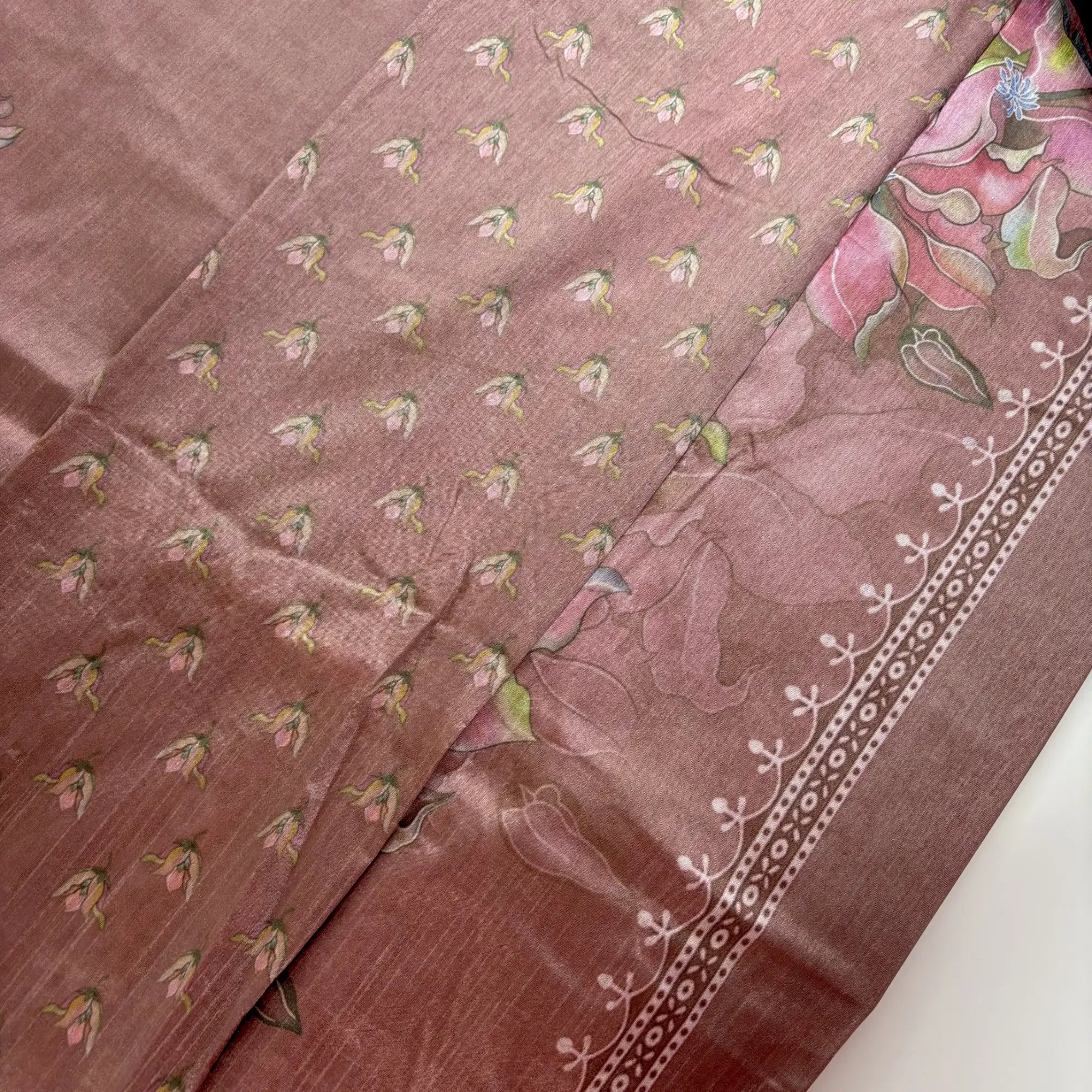 Dusty Rose – Dupian Silk Saree with Floral Print and Jari Border | L3-001