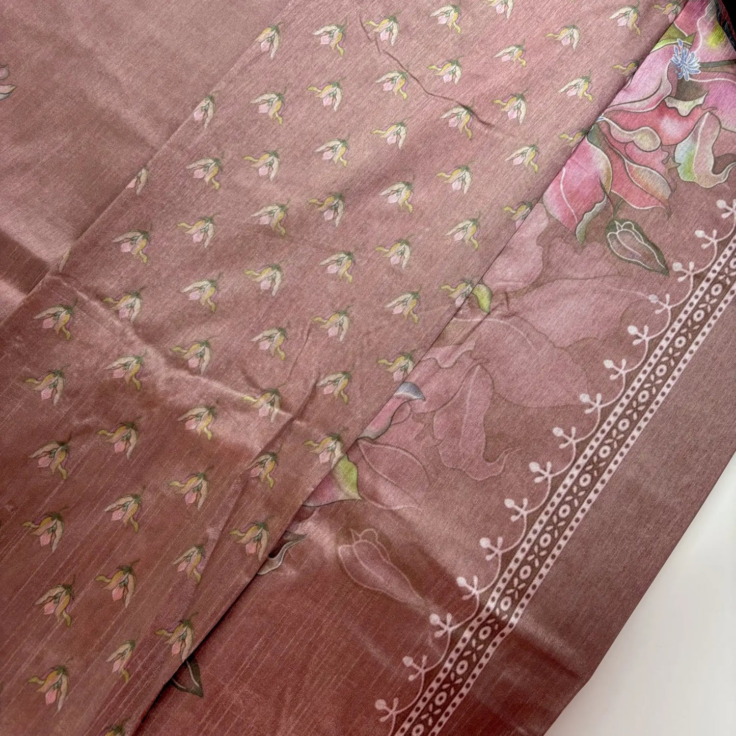 Dusty Rose – Dupian Silk Saree with Floral Print and Jari Border | L3-001