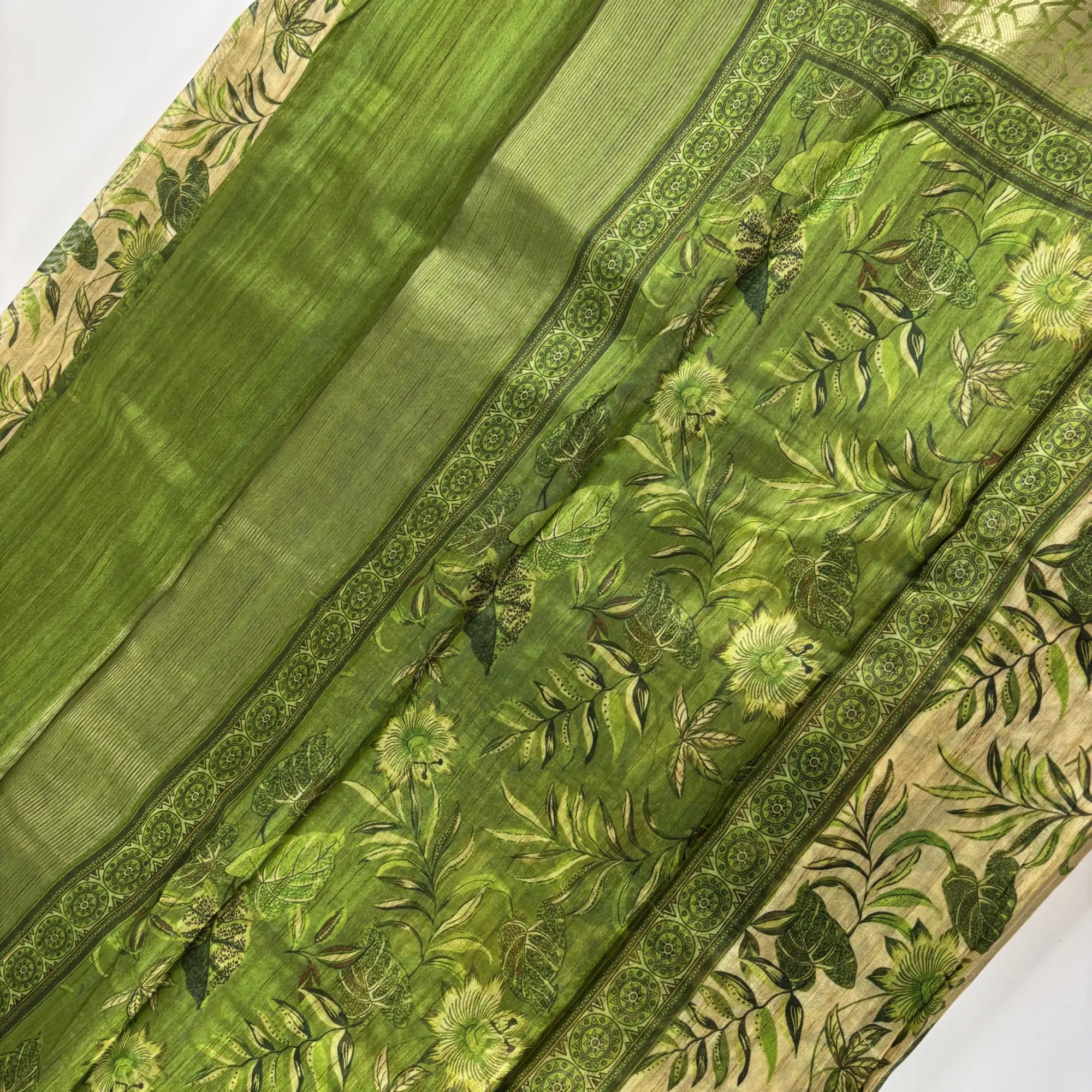 Jungle Fern – Cotton Jute Saree (Beige and Green) | M3-001