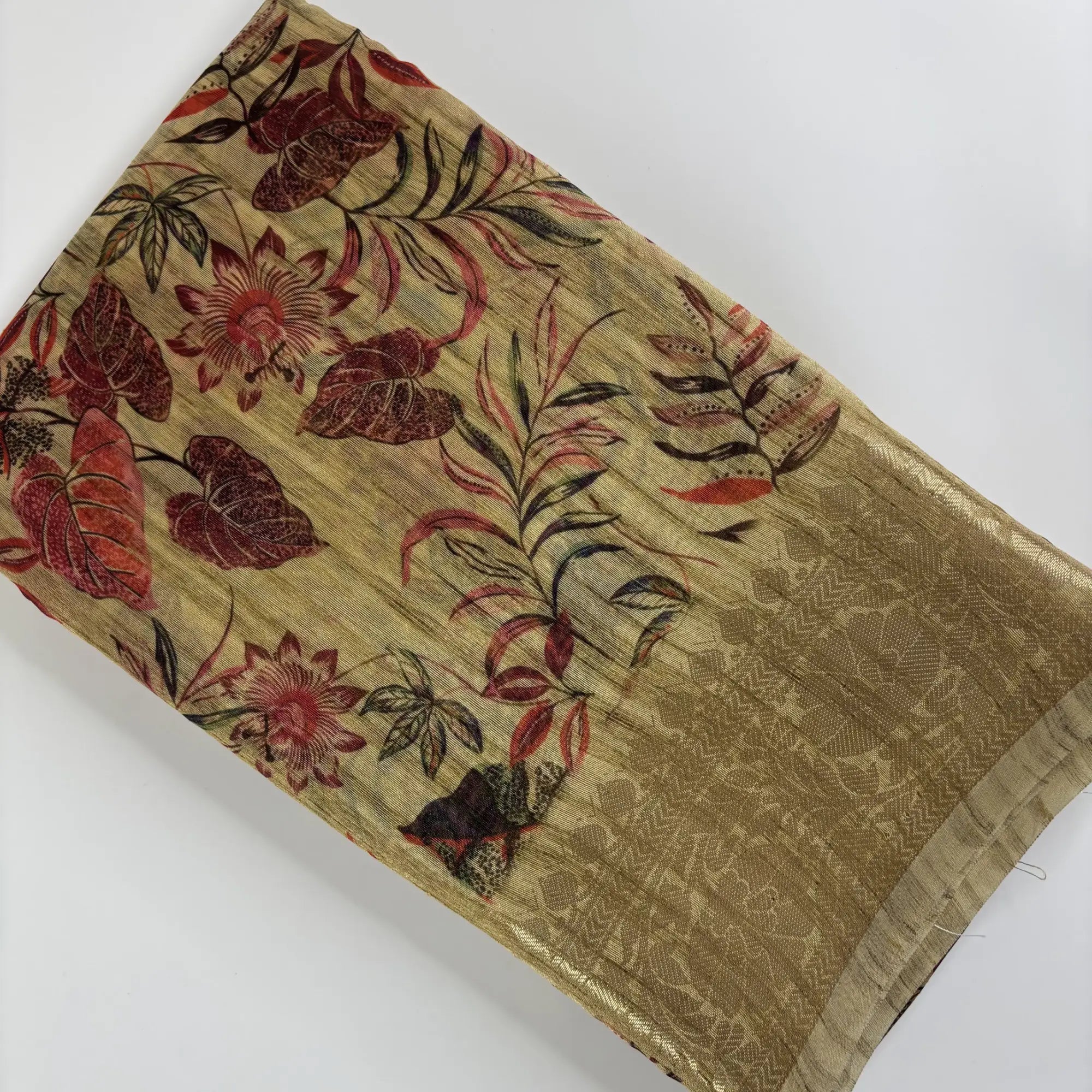 Jungle Fern – Cotton Jute Saree (Beige and Red) | M3-002