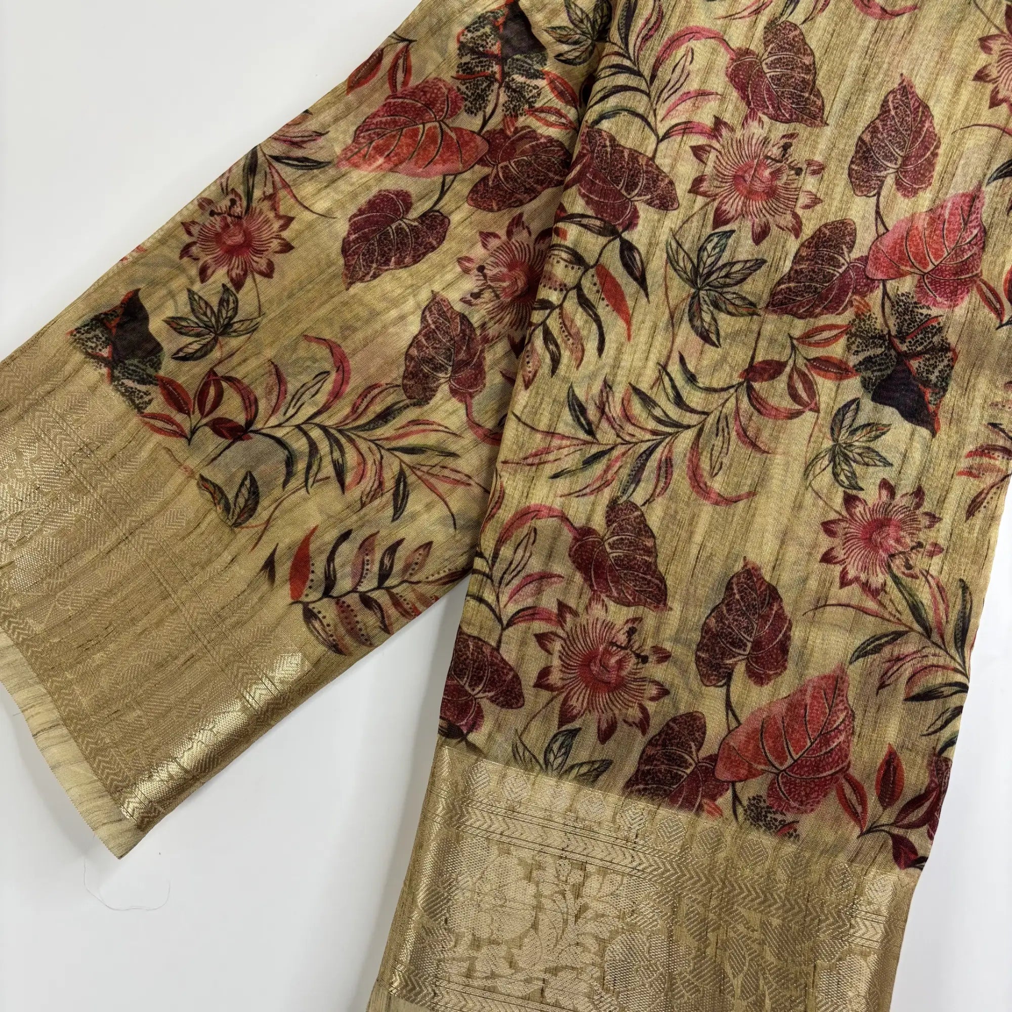 Jungle Fern – Cotton Jute Saree (Beige and Red) | M3-002